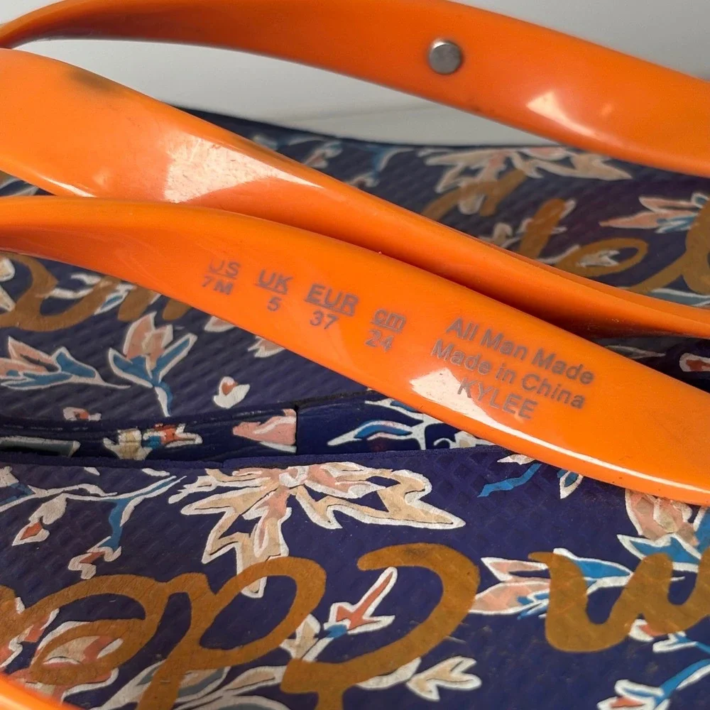 Sam Edelman Kylee Platform Flip Flops 7M Navy Orange Floral Wedge Sandals Y2K